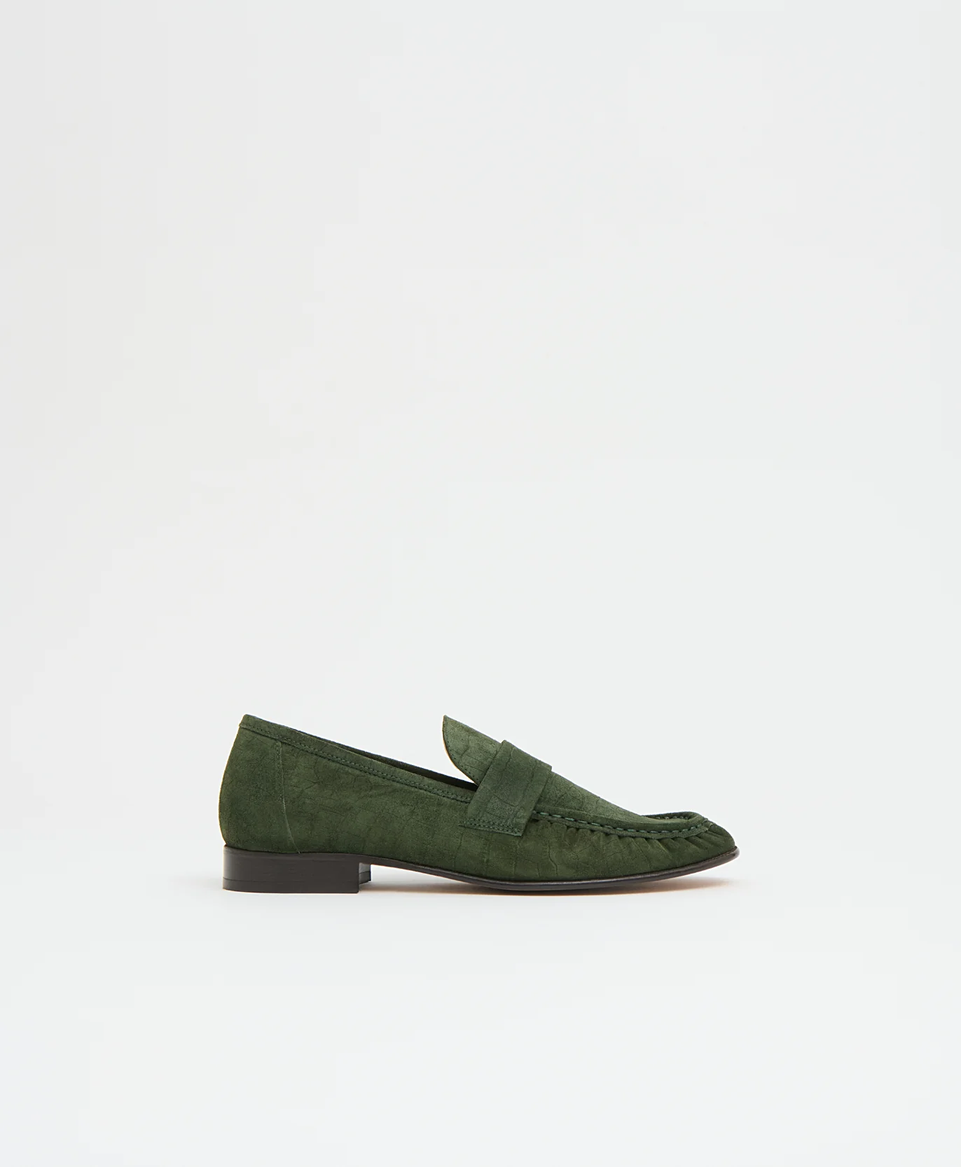 Ruched Loafer - Moss Croc Suede